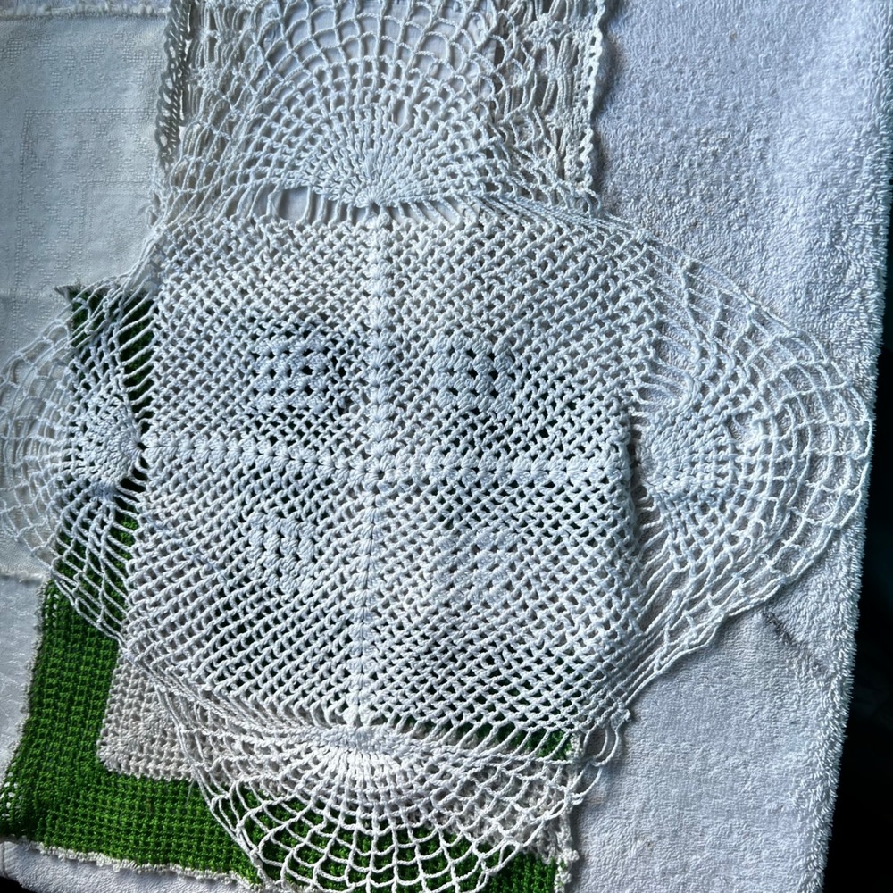 Mixed Vintage Hand Crochet Lace Doily and Linen Napkins White 5pc Set